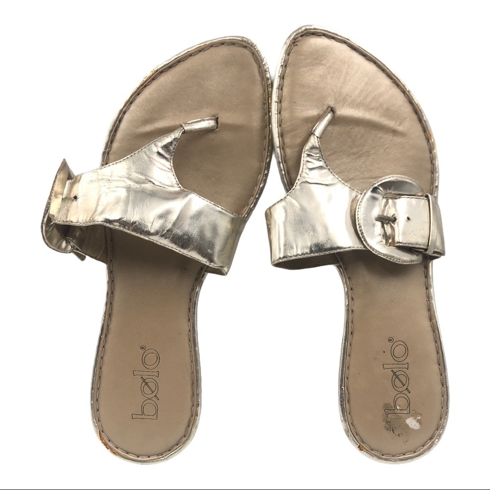 Bolo Gold Metallic Leather Thongs Kitten Heel 7M